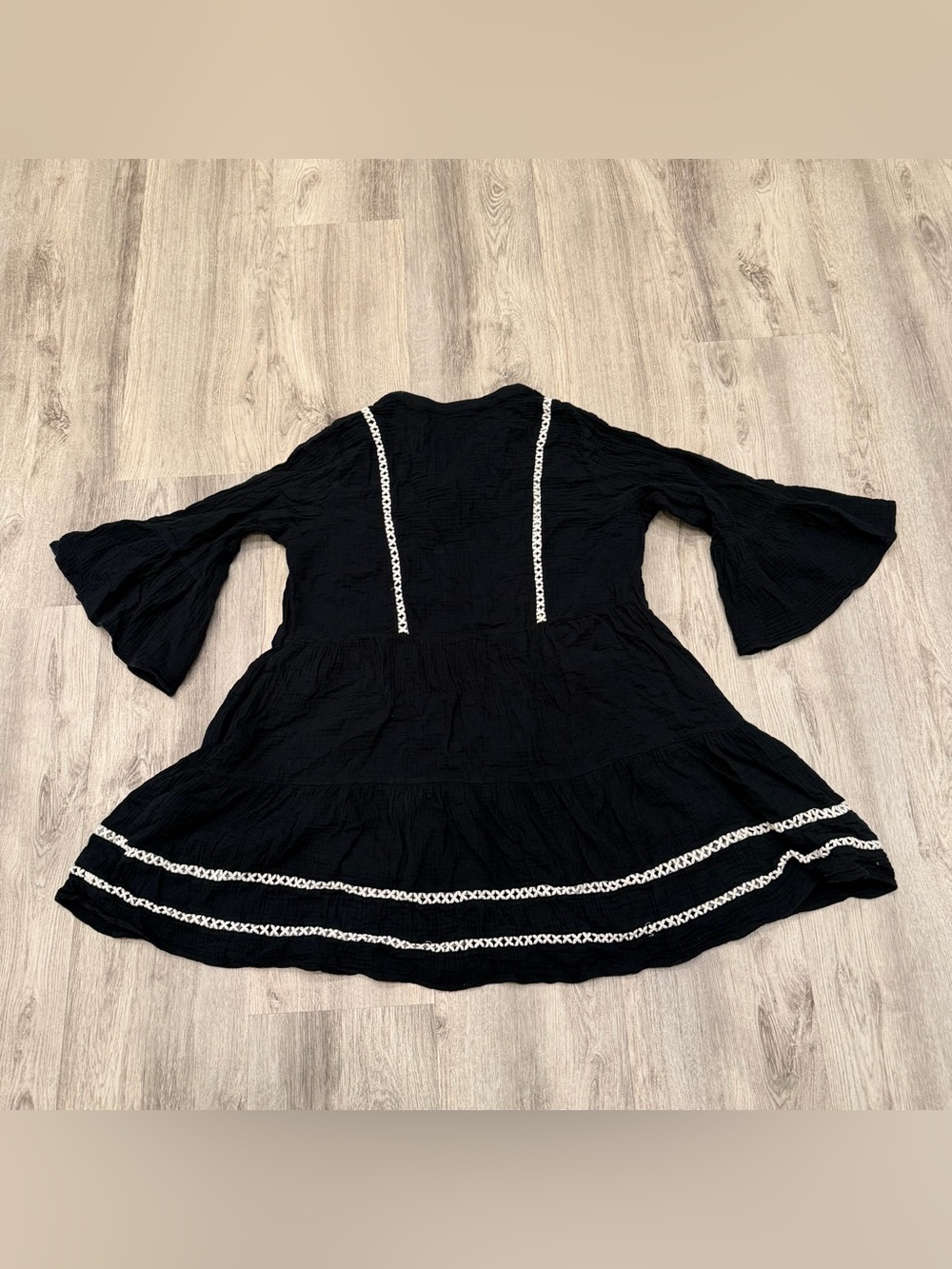 Scoop Black Boho Cotton Mini Dress Size Large Embroidered Trim Tiered - Picture 3 of 3